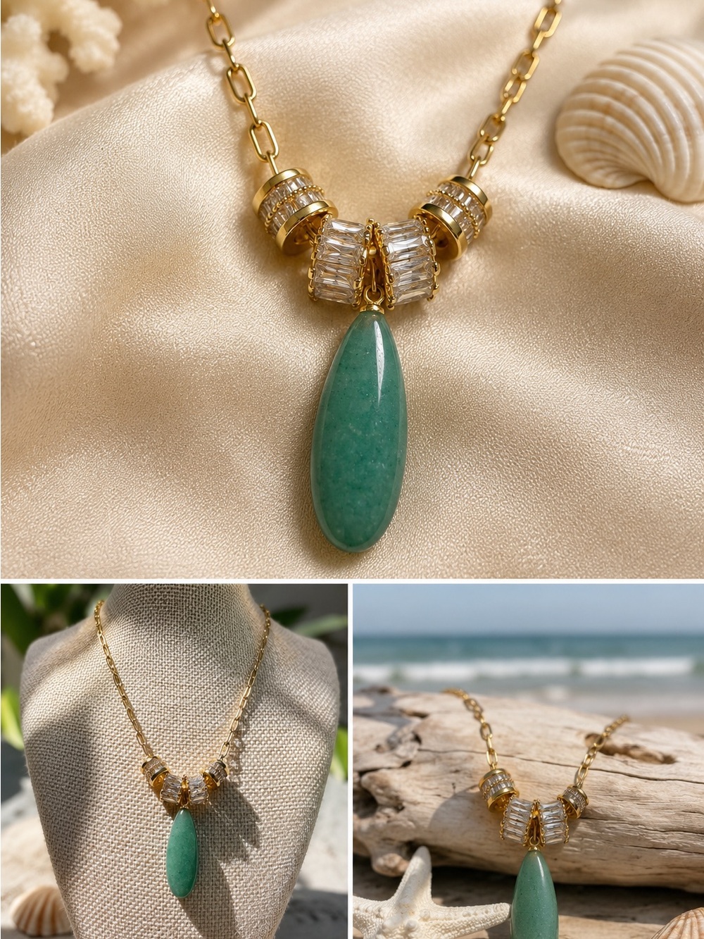Elegant Gold Necklace with Natural Amazonite Teardrop Pendant and CZ slides